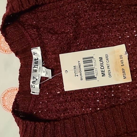 Say What Juniors medium Knit Open front w pockets Burgundy Cardigan Sweater NWT - Picture 4 of 10